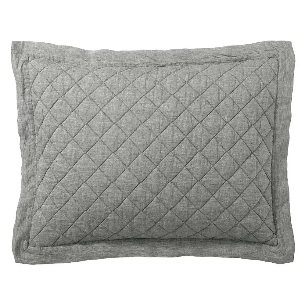 Pottery Barn PAIR Belgian Flax Linen Diamond Quilted Shams Grey SET (2)